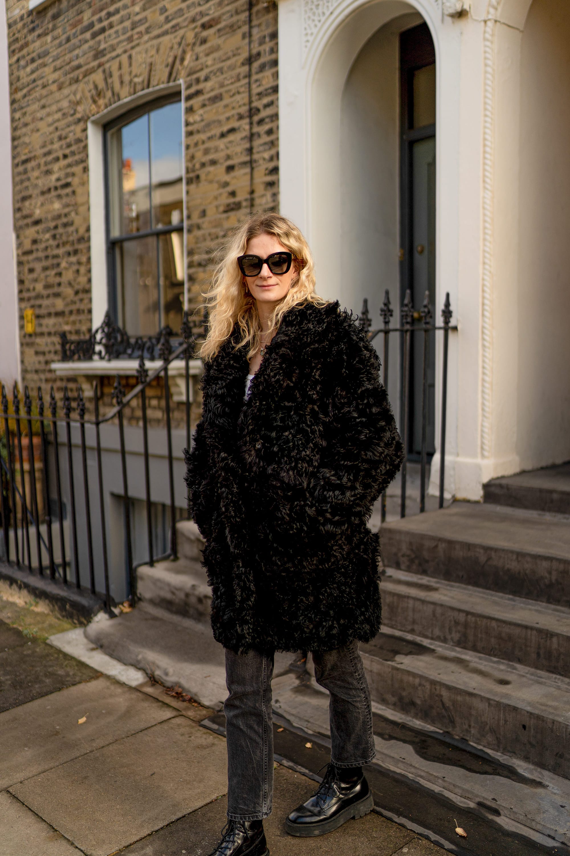 Black Mid Curly Shearling Coat Dlux London Ltd